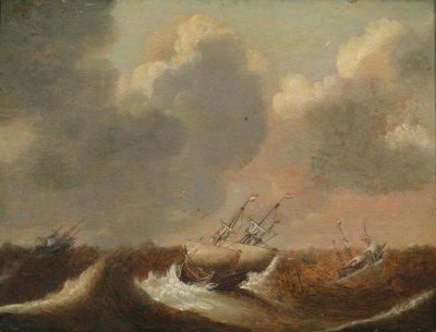 Ships in a Sea Storm by Claes Claesz. Wou